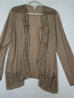 CHICO'S Size 3 XL Gold Metallic Sequin Ruffle Cardigan Open Front Sparkle Luxe